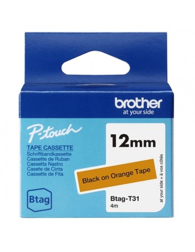 Brother Btag-T31 Cinta 12mm - Texto Negro sobre Fondo Naranja - Medidas 12mmx4 Metros - Apta para PTN10-PTN20-PTN25BT