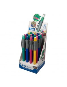 Milan PL1 Expositor de 20 Portaminas - Mina 0.7mm HB Grafito - Goma Milan Extra Larga - Colores Surtidos