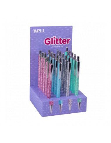 Apli Glitter Expositor de 20 Boligrafos de Metal - Tinta de Aceite - Secado Rapido - Punta 1mm - Colores Surtidos
