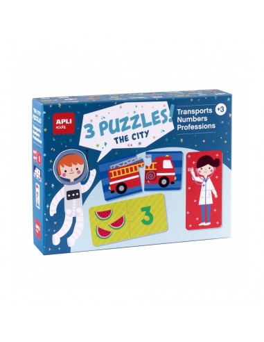 Apli Set de 3 Puzzles-Transporte-Profesiones y Numeros - 24 Piezas por Puzzle-72 Piezas Total - Tamaño 7 x 7 cm