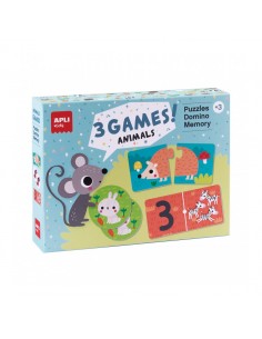 Apli Set de 3 juegos Animales-1 Puzzle de 24 Piezas-1 Domino de 36 Piezas y 1 Memory de 24 Piezas