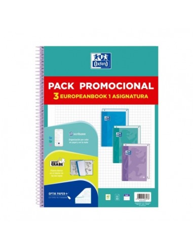 Oxford Europeanbook 1 Touch Pack de 3 Cuadernos Espiral Formato A4-Cuadriculado 5x5mm - 80 Hojas 90gr - Tapa Extradura Tacto