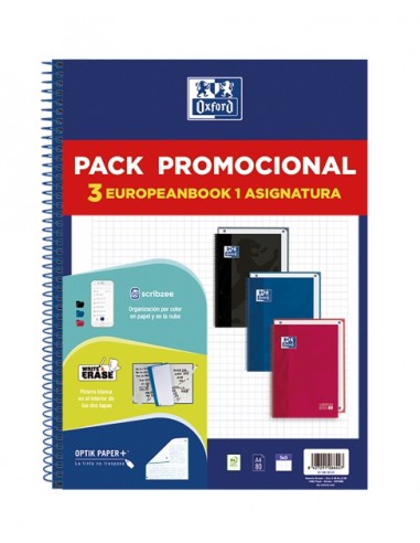 Oxford Europeanbook 1 Classic Pack de 3 Cuadernos Espiral Formato A4-Cuadriculado 5x5mm - 80 Hojas 90gr - Tapa Extradura
