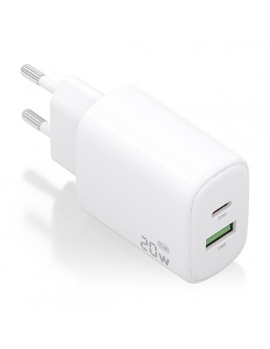 Aisens Cargador GaN 20W - 1xUSB-C PD3.0 - 1xUSB-A QC3.0 - Color Blanco
