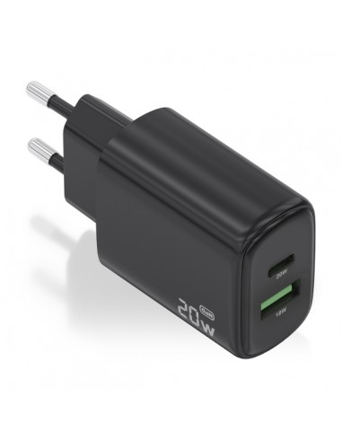 Aisens Cargador GaN 20W - 1xUSB-C PD3.0 - 1xUSB-A QC3.0 - Color Negro