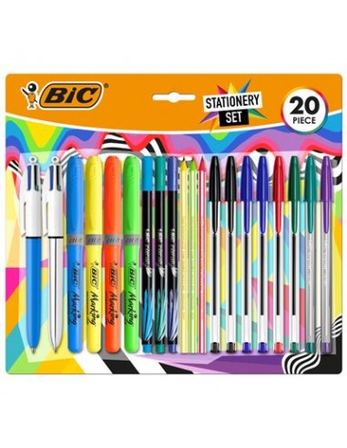 Bic Escritura Multicolor Pack de 20 Piezas Variadas - 6 Bic Cristal Original-2 Bic Cristal Fun-2 Bic 4 Colores-3 Bic