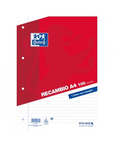 Oxford Classic Recambio de 100 Hojas Sueltas A4 1 Linea Horizontal con Margen 4 Taladros