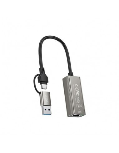XO HUB018 Adaptador de Red RJ45 a USB 3.0 y USB-C - Color Plata