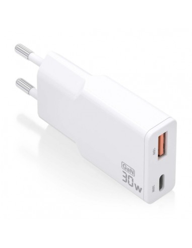 Aisens Cargador GaN Ultra Delgado 30W - 1xUSB-C PD3.0 QC4.0 - 1xUSB-A QC3.0 - Color Blanco