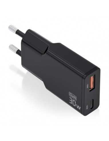Aisens Cargador GaN Ultra Delgado 30W - 1xUSB-C PD3.0 QC4.0 - 1xUSB-A QC3.0 - Color Negro
