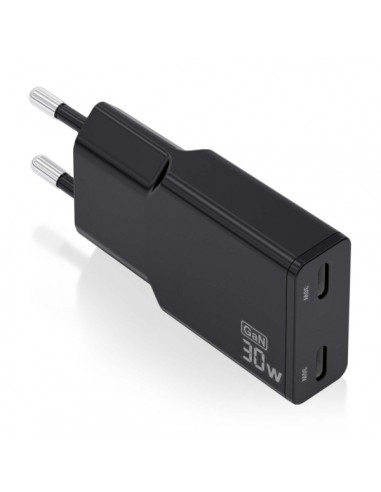 Aisens Cargador GaN Ultra Delgado 30W - 2xUSB-C PD3.0 QC4.0 - Color Negro