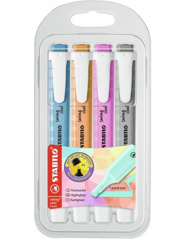 Stabilo Swing Cool Pastel Pack de 4 Marcadores Fluorescentes - Cuerpo Plano - Punta Biselada - Trazo entre 1 y 4mm - Tinta