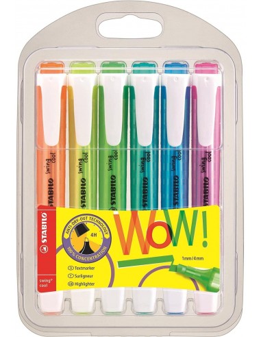 Stabilo Swing Cool Pack de 6 Marcadores Fluorescentes - Cuerpo Plano - Punta Biselada - Trazo entre 1 y 4mm - Tinta con Base