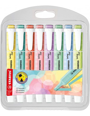 Stabilo Swing Cool Pastel Pack de 8 Marcadores Fluorescentes - Cuerpo Plano - Punta Biselada - Trazo entre 1 y 4mm - Tinta