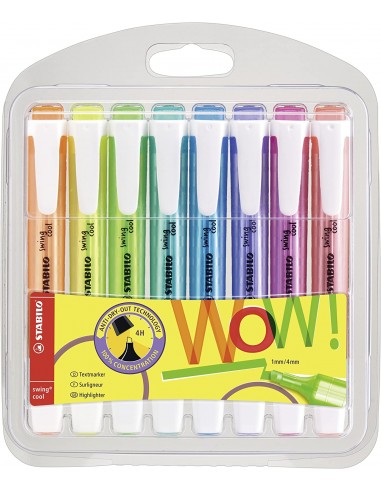 Stabilo Swing Cool Pack de 8 Marcadores Fluorescentes - Cuerpo Plano - Punta Biselada - Trazo entre 1 y 4mm - Tinta con Base