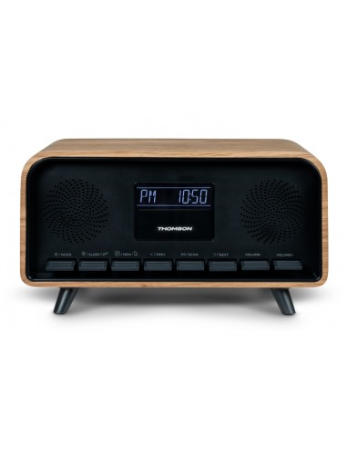 Thomson RT850BT Altavoz Retro Bluetooh - Radio Reloj Despertador - Potencia musical 30W - Color Madera Negro