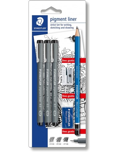 Staedtler Pigment Liner 308 Pack de 3 Rotuladores Calibrados Negros-Trazos Surtidos-1 Goma de Borrar-1 Sacapuntas-1