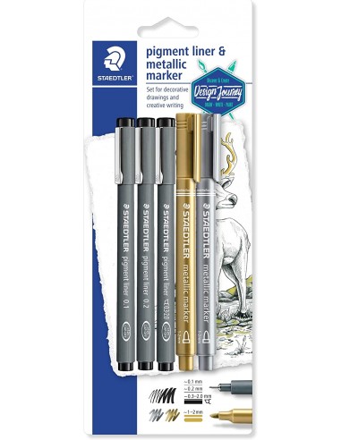 Staedtler Pigment Liner 308 Pack de 5 Rotuladores Calibrados - Tinta Resistente a la Luz y Agua - Para Escribrir-Esborzar y