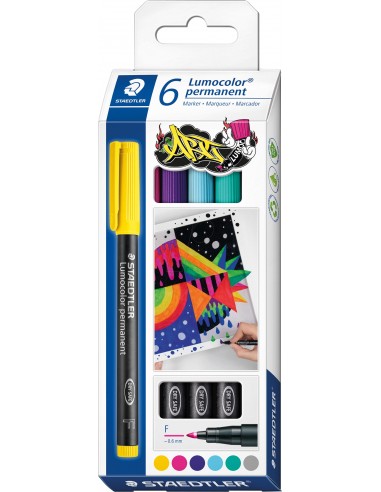 Staedtler Lumocolor 318 C6 Pack de 6 Rotuladores Permanentes - Trazo de 0.6mm Aprox - Secado Rapido - Colores Surtidos