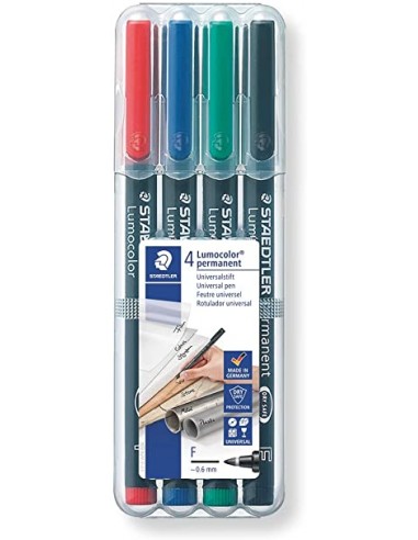 Staedtler Lumocolor 318 Pack de 4 Rotuladores Permanentes - Punta Fina Redonda - Trazo 0.6mm - Capuchon con Clip - Secado