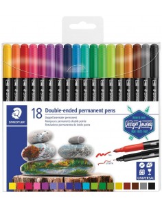 Staedtler 3187 Pack de 18 Rotuladores Permanentes de Doble Punta - Resistente al Agua - Secado Rapido - Colores Surtidos