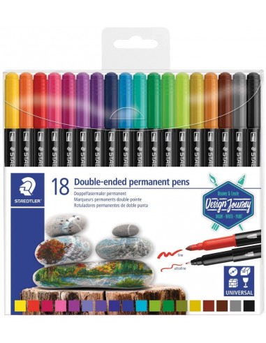 Staedtler 3187 Pack de 18 Rotuladores Permanentes de Doble Punta - Resistente al Agua - Secado Rapido - Colores Surtidos