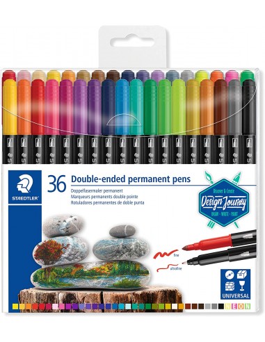 Staedtler 3187 Pack de 36 Rotuladores Permanentes de Doble Punta - Resistente al Agua - Secado Rapido - Colores Surtidos