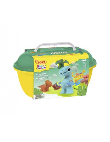 Jovi Play & Fun Cofre Jurassic con 24 Barras de Plastilina 15gr-Modeladores-Recortables - Sin Gluten - Base Vegetal - No