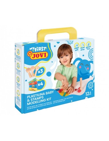 Jovi My First Plastilina Kit de Modelaje con 4 Pastillas de Plastilina 38gr-3 Estampadores de Madera - Super Blanda -
