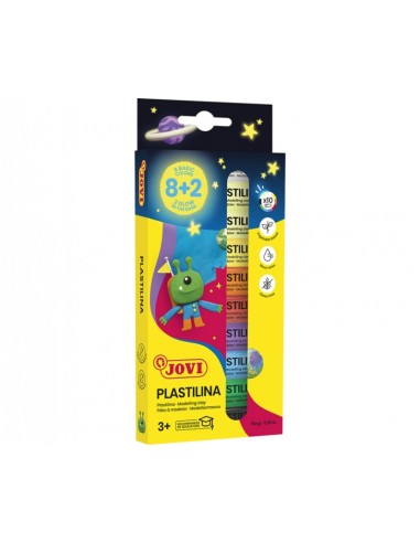 Jovi Pack con 10 Barras de Plastilina 15gr - 8 Colores Basicos-2 Fluorescentes - Muy Moldeable - No se Seca - Colores