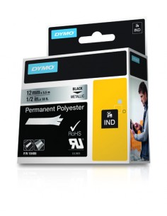 Dymo Rhino ID1-12 Cinta de Etiquetas Original para Rotuladora - Texto Negro sobre Fondo Plata - Ancho 12mm x 5.5 metros -