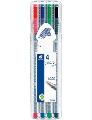 Staedtler Triplus Fineliner 334 Pack de 4 Rotuladores de Punta Fina - Trazo 0.3 mm Aprox - Tinta Base de Agua - Colores
