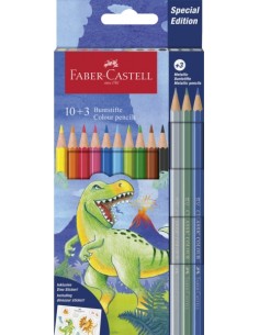 Faber-Castell Edicion Dinosaurios Pack de 13 Lapices de Colores Hexagonales - 10 Colores Clasicos-3 Colores Metalizados -