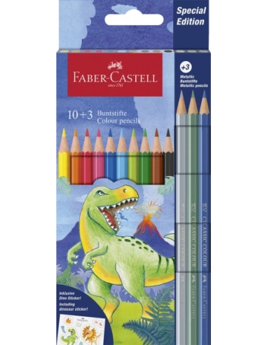 Faber-Castell Edicion Dinosaurios Pack de 13 Lapices de Colores Hexagonales - 10 Colores Clasicos-3 Colores Metalizados -