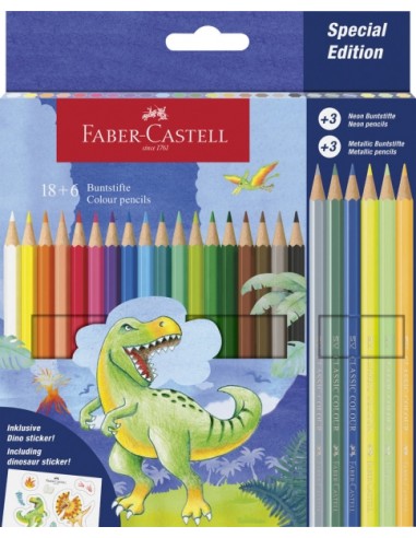 Faber-Castell Edicion Dinosaurios Pack de 24 Lapices de Colores Hexagonales - 18 Colores Clasicos-3 Colores Neon-3