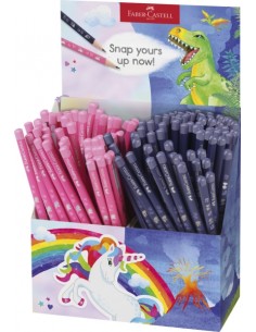 Faber-Castell Expositor de 144 Lapices de Grafito HB - Diseños con Motivos de Dinosaurios y Unicornios - Colores Surtidos