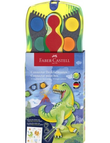 Faber-Castell Connector Dinosaurio Pack de 12 Acuarelas en Pastilla-Pintura Blanca Opaca-Pegatinas - Gran Opacidad -