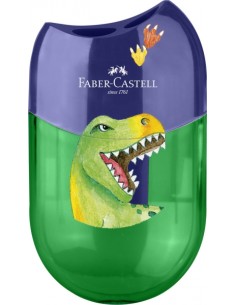 Faber-Castell Dinosaurio Sacapuntas de 2 Orificios con Deposito - Diseño Atractivo de Dinosaurio - Color Verde Azul