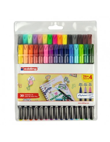 Edding 1200 Pack de 30 Rotuladores - Punta Redonda - Tinta con Base de Agua - Colores Clasicos-Neon y Pastel Surtidos
