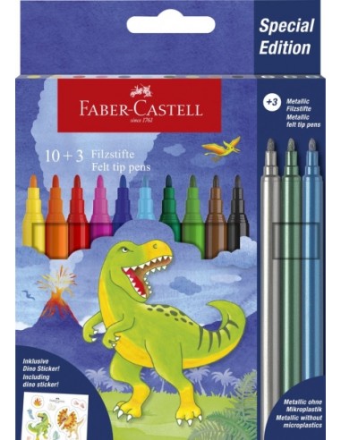 Faber-Castell Edicion Dinosaurios Pack de 13 Rotuladores de Colores - 10 Colores Clasicos-3 Colores Metalizados - Incluye