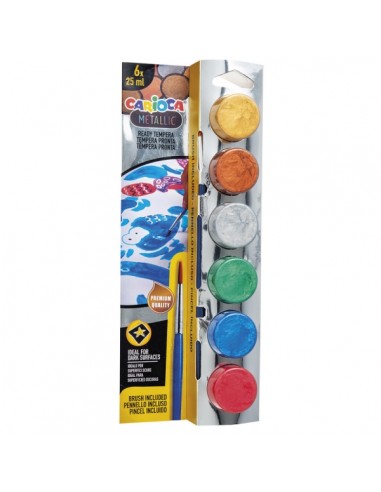 Carioca Metallic Pack de 6 Temperas en Botes de 25ml-Pincel - Superlavables - Mezclables - Colores Metallic Surtidos