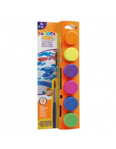 Carioca Neon Pack de 6 Temperas en Botes de 25ml-Pincel - Superlavables - Mezclables - Colores Neon Surtidos