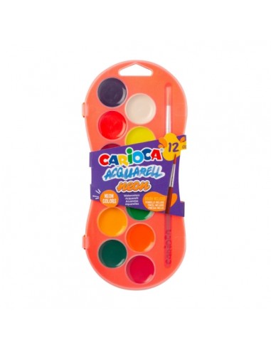 Carioca Acuarell Neon Pack de 12 Acuarelas en Pastillas de Ø 30mm - Brillantes - Facilmente Mezclables - Colores Neon