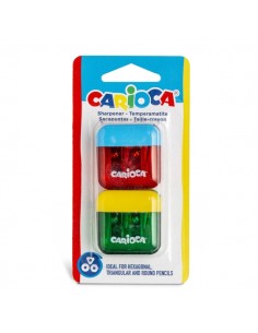 Carioca Pack de 2 Minisacapuntas de 2 Orificios con Deposito - Tapon de Seguridad en la Cuchilla - Colores Aleatorios Surtidos