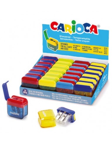 Carioca Expositor con 24 Minisacapuntas de 2 Orificios con Deposito - Tapon de Seguridad en la Cuchilla - Colores Aleatorios
