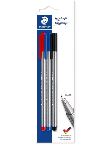 Staedtler Triplus Fineliner 334 Pack de 3 Rotuladores de Punta Fina - Trazo de 0.3mm Aprox - Diseño Ergonomico - Tinta Base