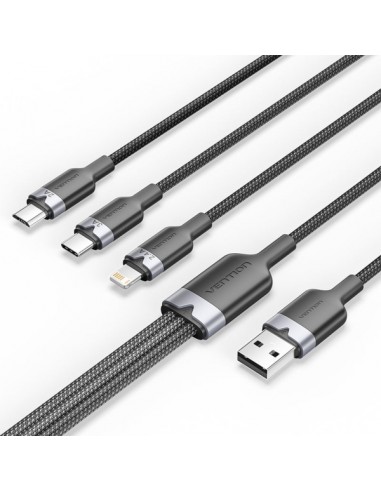 Vention Cable USB-A 2.0 a USB-C-Lightning-Micro-B 3A - 1.5m - Trenzado - Color Negro