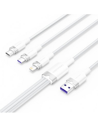 Vention Cable USB-A 2.0 a USB-C-Lightning-Micro-B 6A - 1.5m - Trenzado - Color Blanco