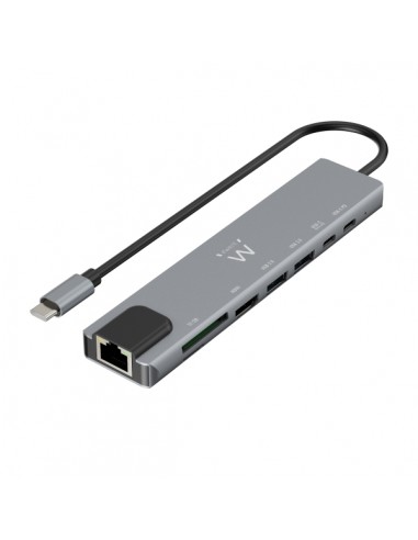 Ewent USB-C Dock 8 en 1 - HDMI 4K - PD 87W - USB-C - 2xUSB-A - LAN - Lector de tarjetas - Color Plata