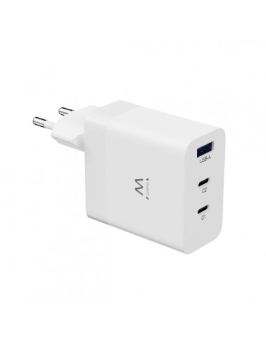 Ewent EW1323 Cargador USB-3 Puertos - Salida Maxima 65W - 1 USB A y 2 USB C - Color Blanco